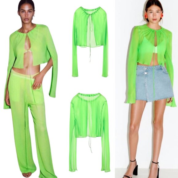 Zara Chiffon Neon Green Lingerie Cover Up Sheer Mesh Bolero Cardigan Tie Blouse - Picture 1 of 7